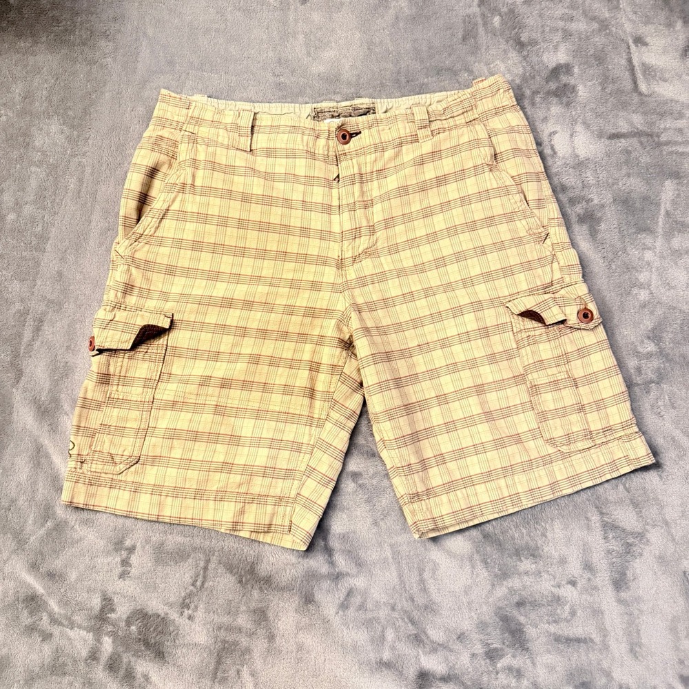 OP Ocean Pacific Mens 38 Khaki Plaid Cargo Board Shorts Y2K Surf Skater